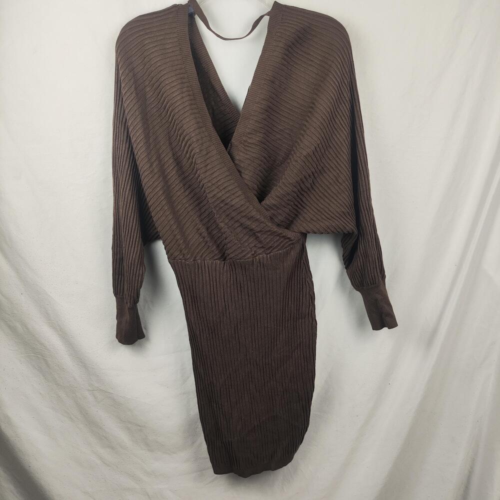 Love Tree Dress Womens Large Brown Ribbed Knit Wrap V Neck Sweater Dolman Sleeve